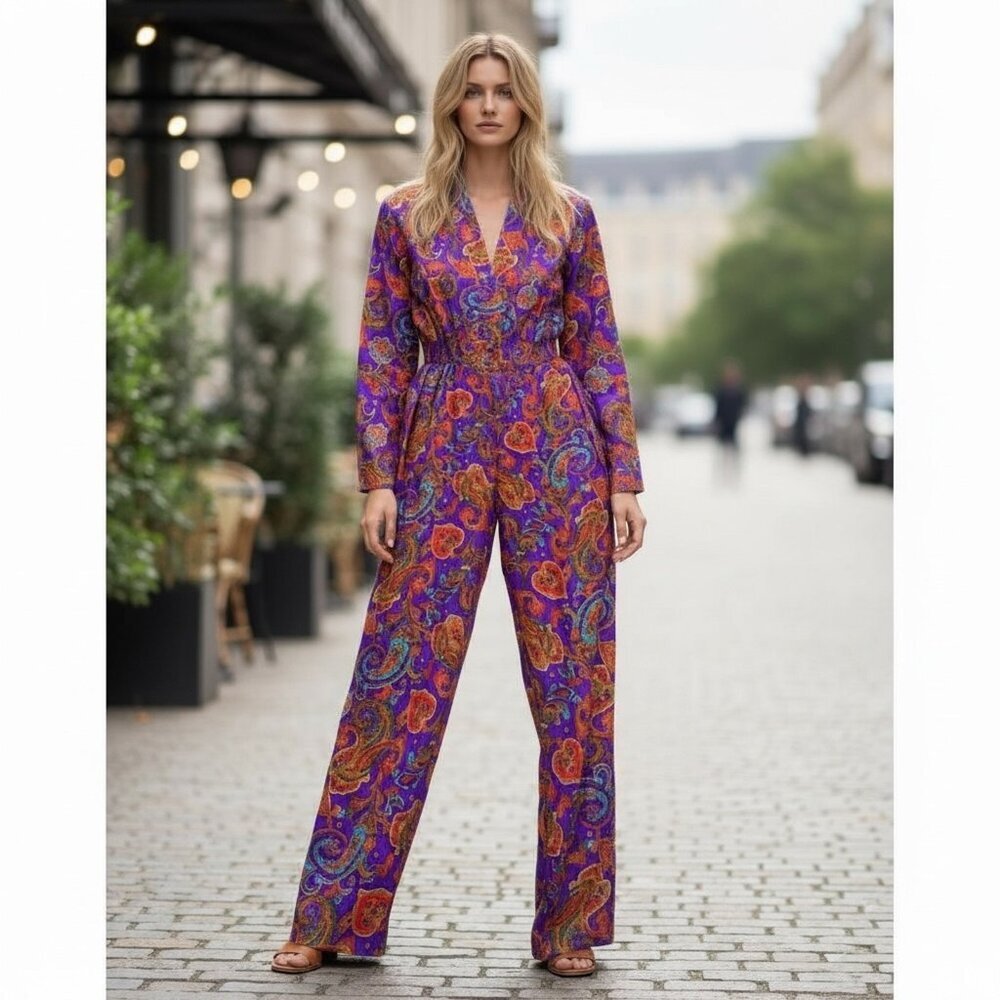 Joan Walters Jumpsuit Vintage 90s Purple Paisley Retro Rayon Size 12